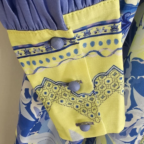 White Sandstorm Kalliope Floral Blue & Yellow Long Puffed Sleeve Maxi Dress - Picture 6 of 10